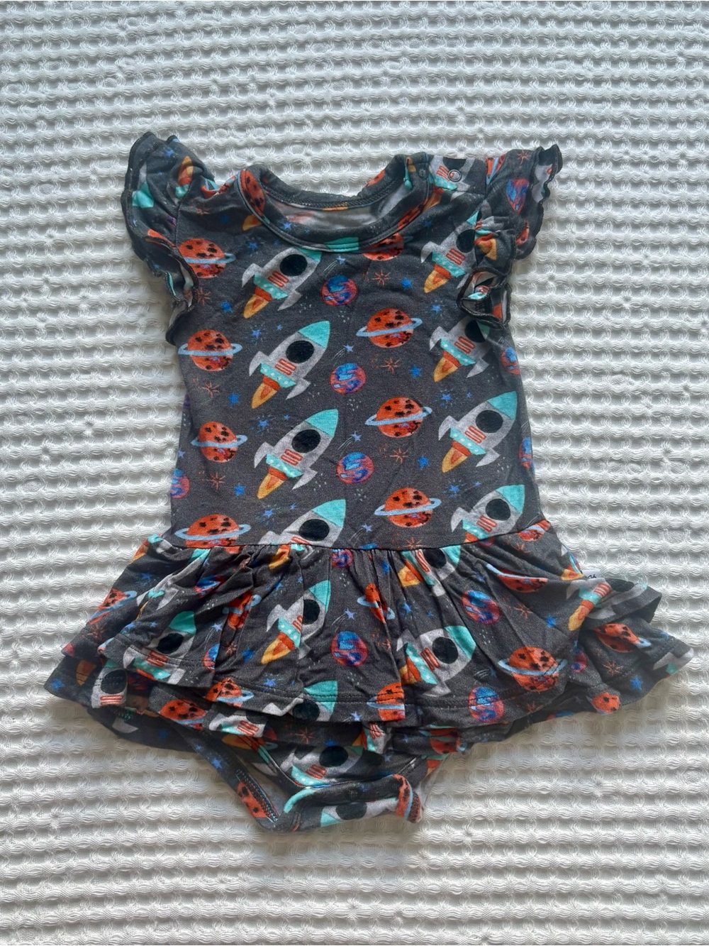 Birdie Bean Space Rocket Planets Bamboo Flutter Sleeve Twirl Bodysuit 6-12M